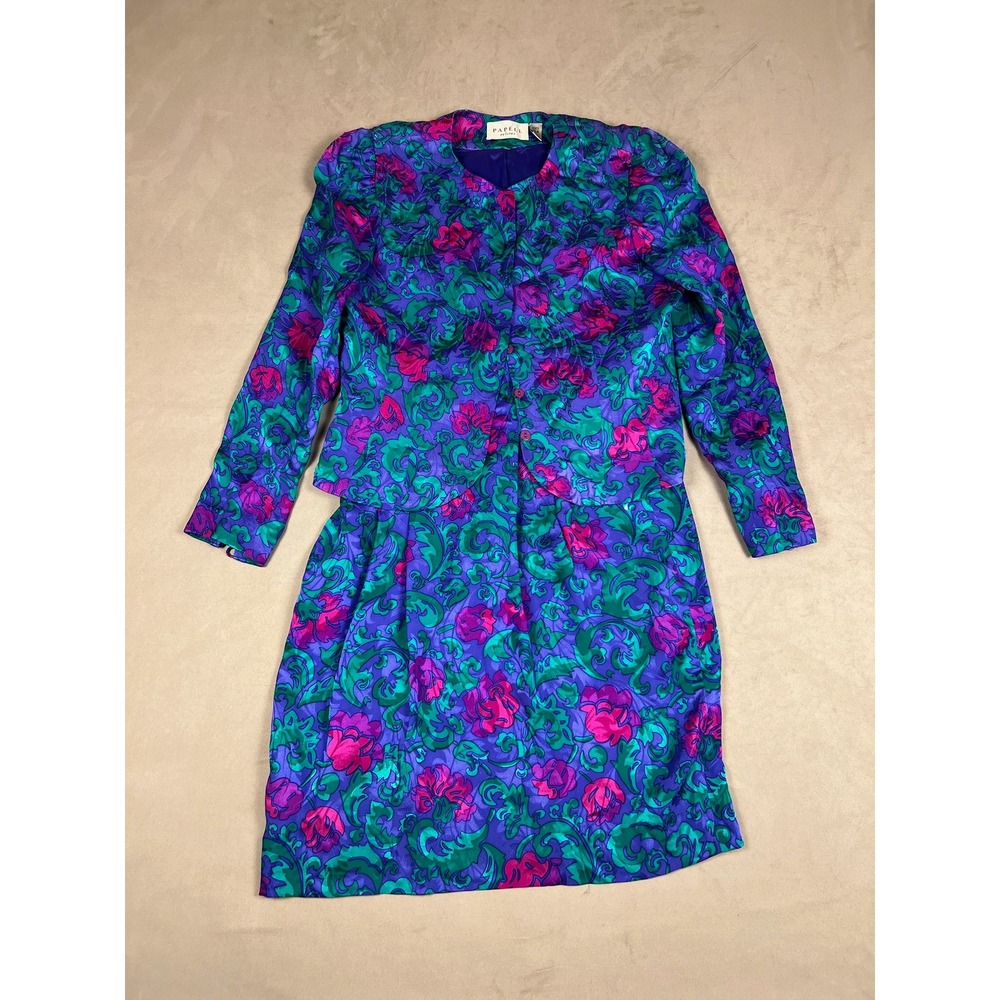 Papell Petites Vintage 100% Silk Floral Skirt Suit Set Purple Teal Magenta‎ 4P